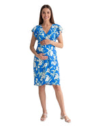 24seven Comfort Elevate Maternity Blue Floral Flutter Sleeve Faux Wrap Knee Length Dress