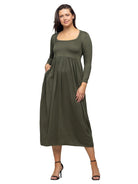 24seven Comfort Essential Petite Long Sleeve Square Neck Pleated Maxi Dress
