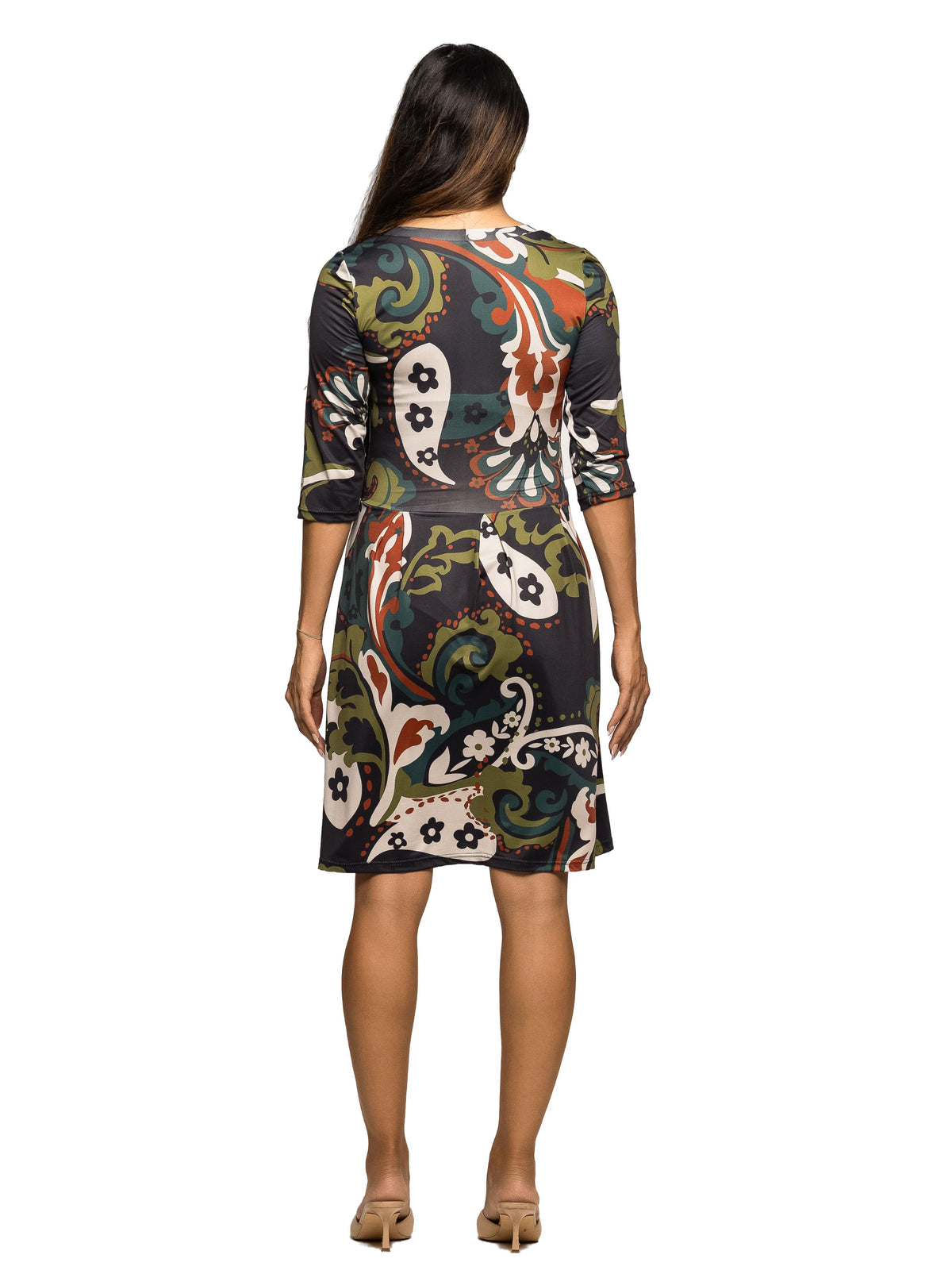24seven Comfort Essential Maternity Green Paisley Print Scoop Neck Three Quarter Sleeve Fit N Flare Dress