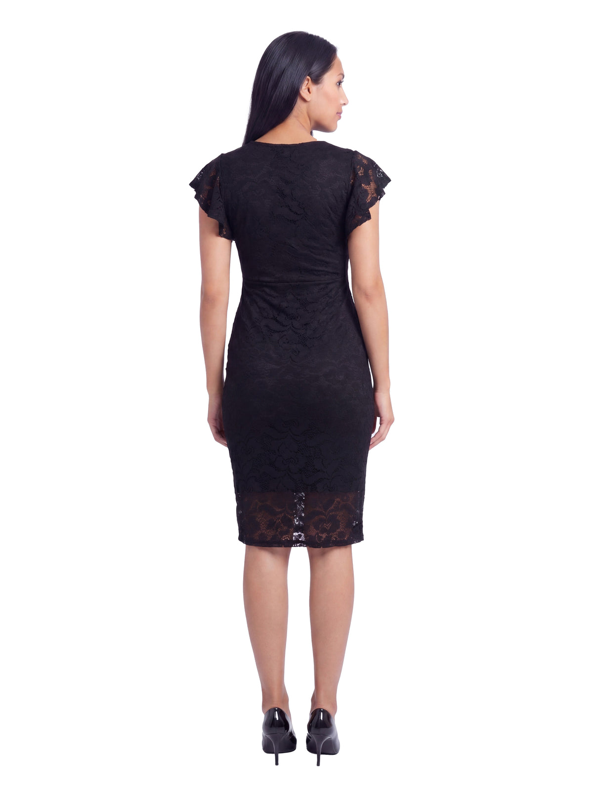 24seven Comfort Elevate Maternity Lace V Neck Flutter Sleeve Faux Wrap Midi Dress