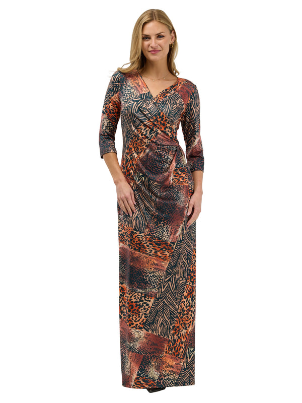 24seven Comfort Elevate Womens Animal Print Mid Sleeve V Neck Wrap Waist Slit Long Dress