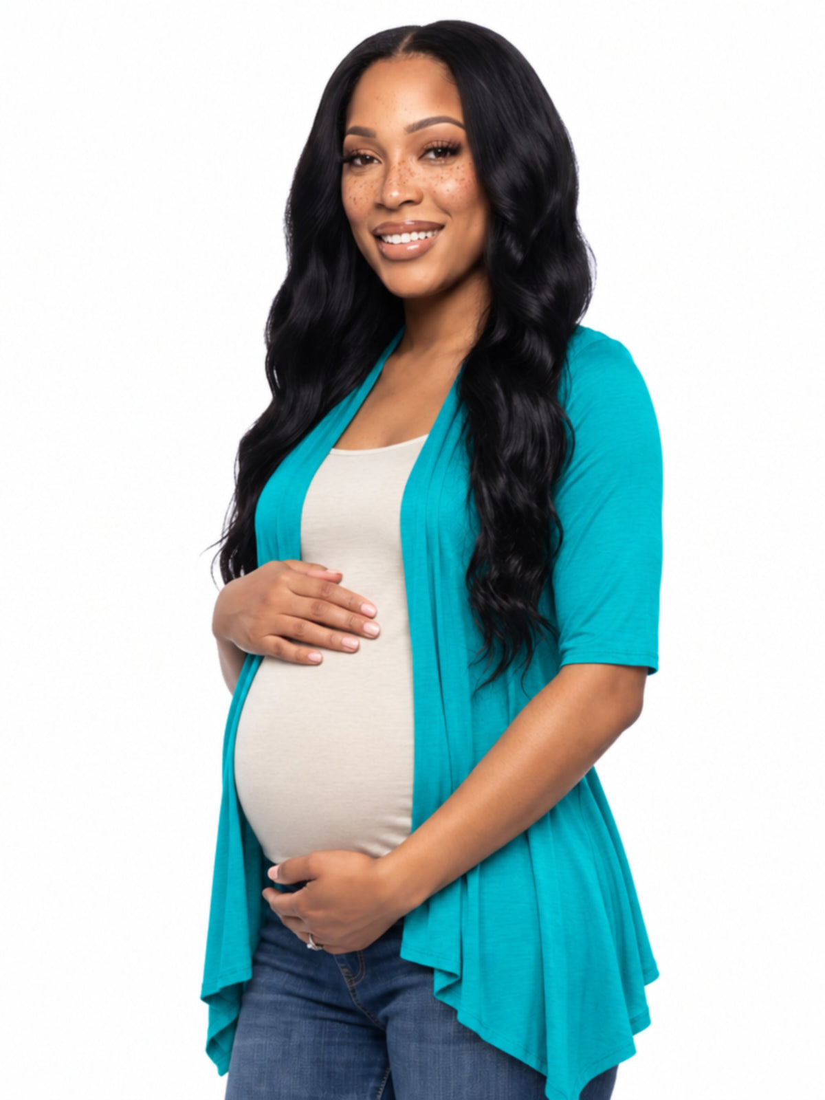 24seven Comfort Basic Maternity Open Front Elbow Sleeve Cascading Drape Loose Fit Jacket