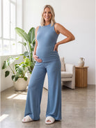 24seven Comfort Basic Maternity Ribbed Knit Tank Top and Elastic Waist Wide Leg Pant Set