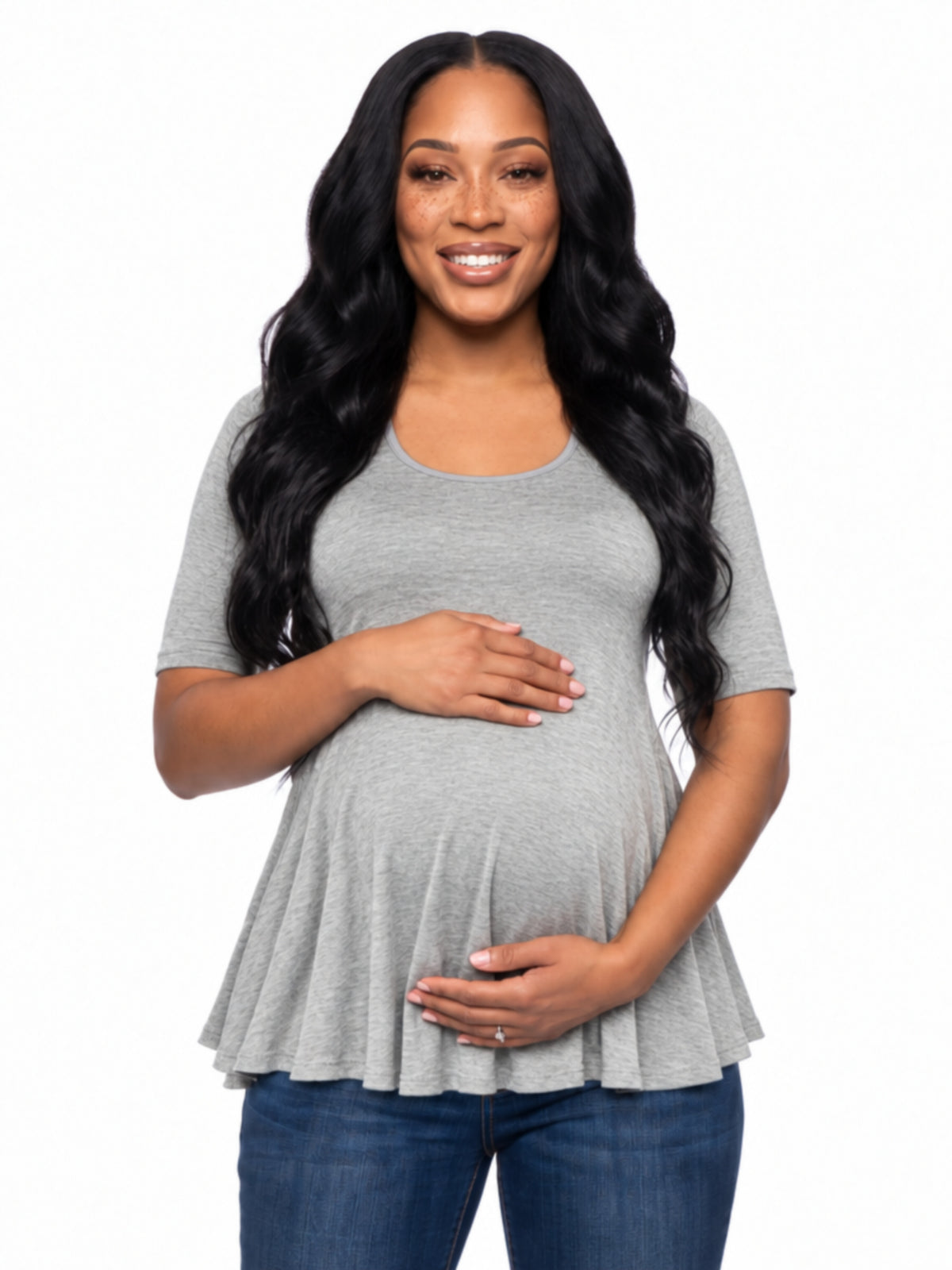 24seven Comfort Basic Maternity Scoop Neck Elbow Swing Flared Tunic Top