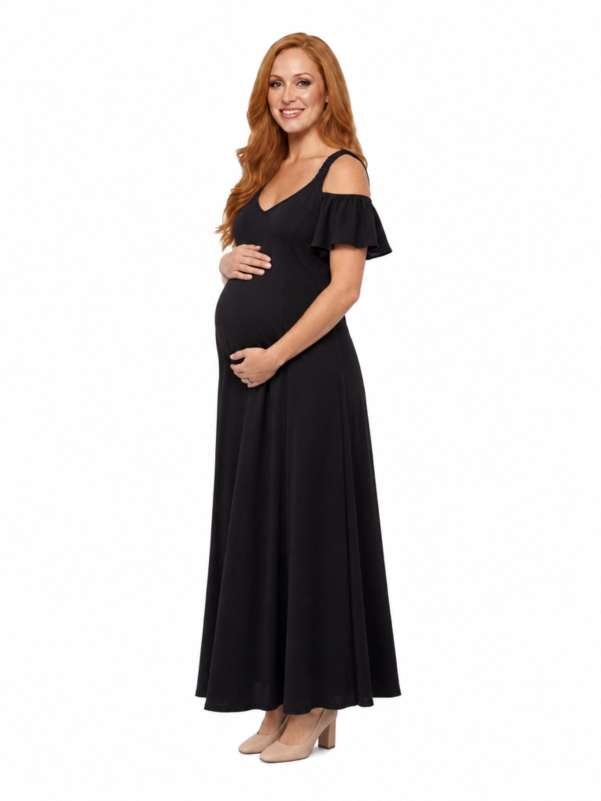 24seven Comfort Elevate Maternity Scoop Neck Cold Sholder Ruffle Sleeve A Line Maxi Dress