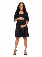 24seven Comfort Essential Maternity Scoop Neck Three Quarter Sleeve Pleated Fit N Flare Pocket Mini Dress