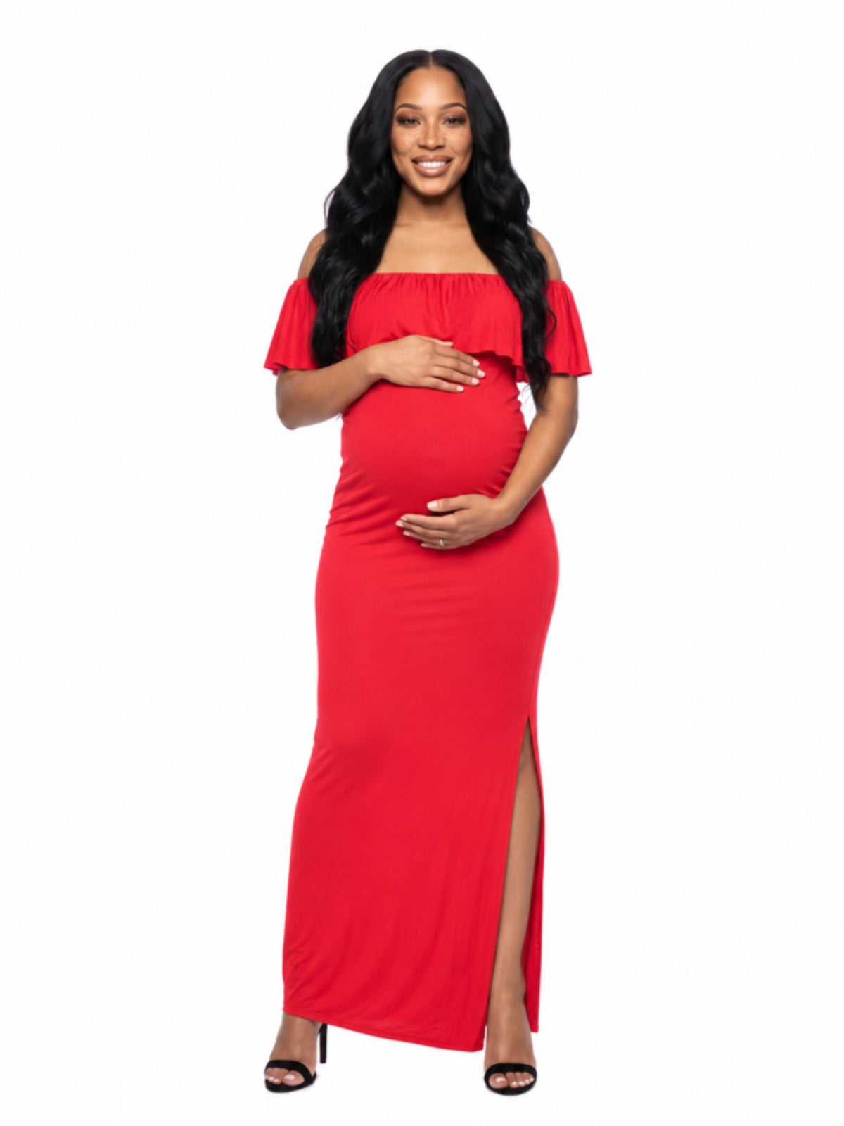 24seven Comfort Essential Maternity Off Shoulder Ruffle Detail Side Slit Maxi Dress