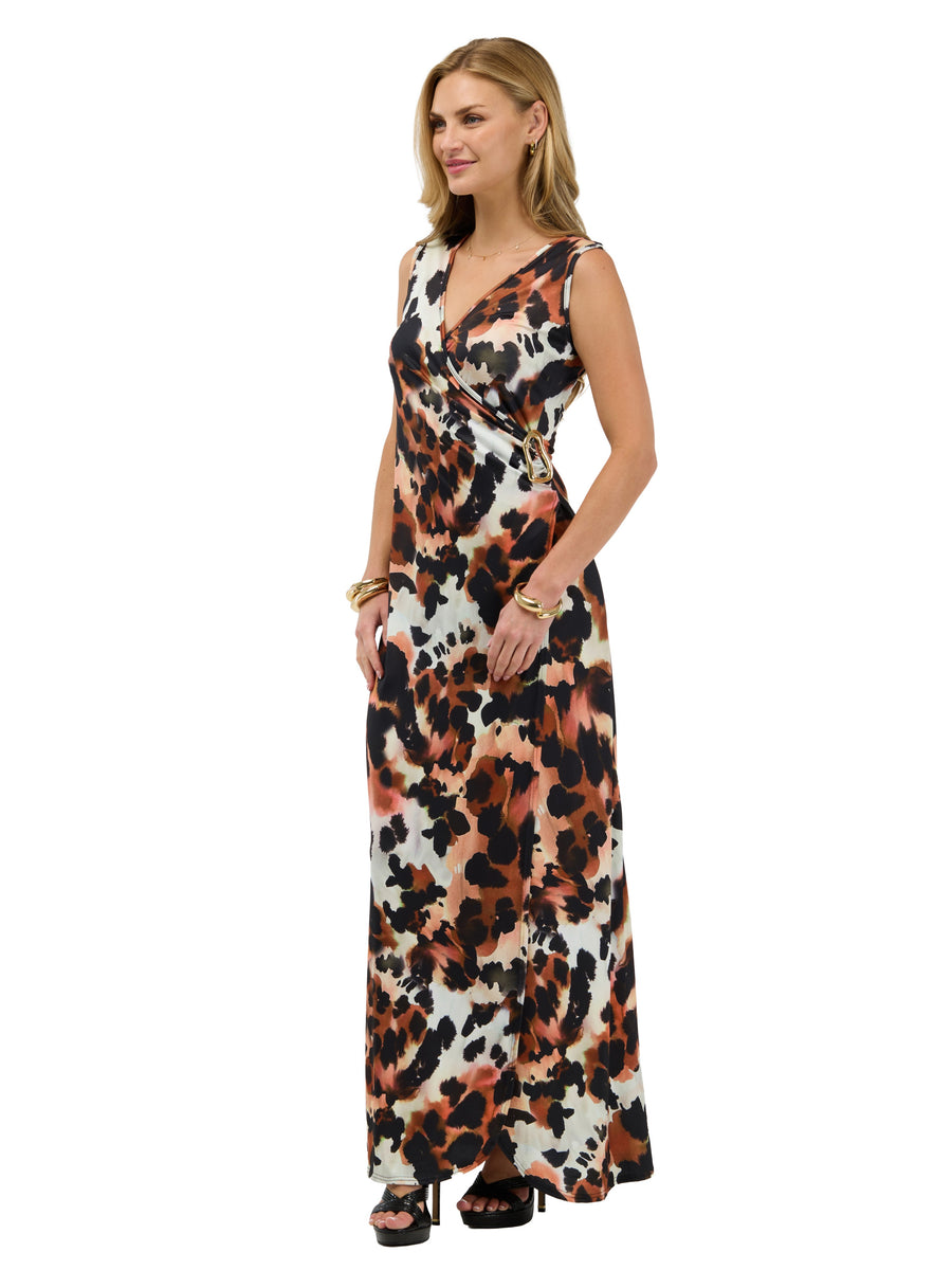 24seven Comfort Elevate Womens Sleeveless V-Neck Animal Print Wrap Maxi Dress