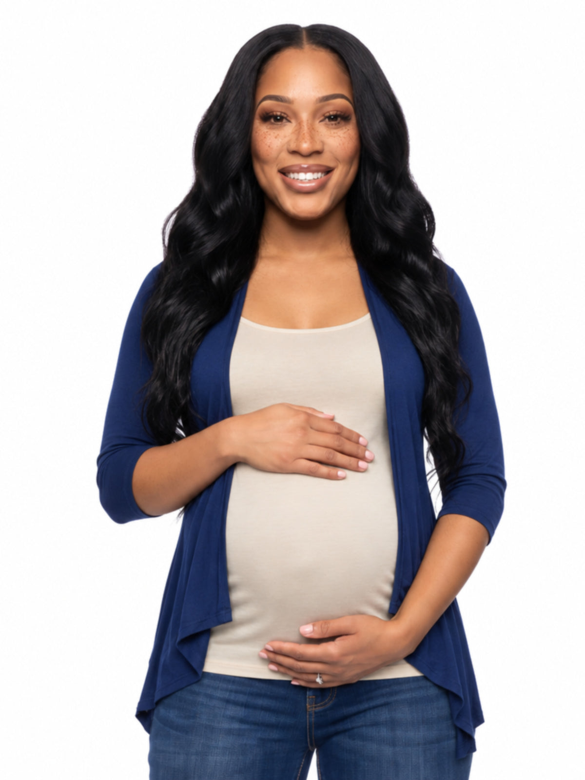 24seven Comfort Basic Maternity Elbow Sleeve Open Front Cascading Shape Jacket