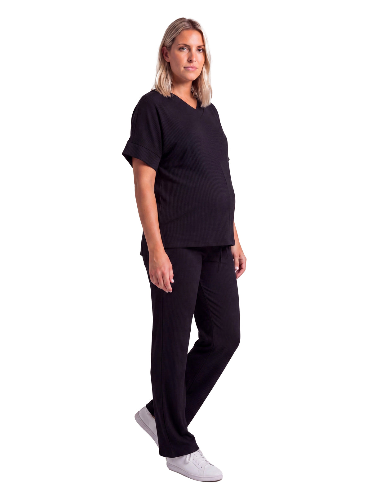 24seven Comfort Basic Maternity Ribbed Knit Dolman Sleeve V Neck Top and Drawstring Wide Leg Pant Set