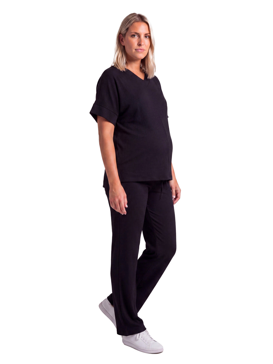 24seven Comfort Basic Maternity Ribbed Knit Dolman Sleeve V Neck Top and Drawstring Wide Leg Pant Set