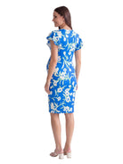 24seven Comfort Elevate Maternity Blue Floral Flutter Sleeve Faux Wrap Knee Length Dress