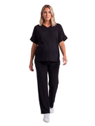 24seven Comfort Basic Maternity Ribbed Knit Dolman Sleeve V Neck Top and Drawstring Wide Leg Pant Set