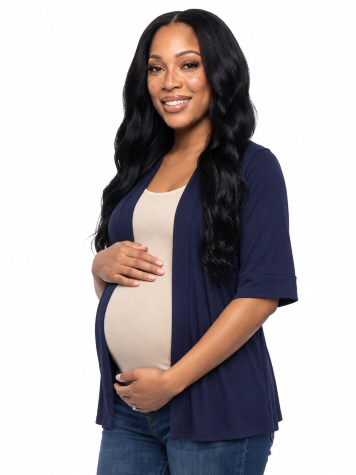 24seven Comfort Basic Maternity Open Front Elbow Sleeve Long Fit Jacket