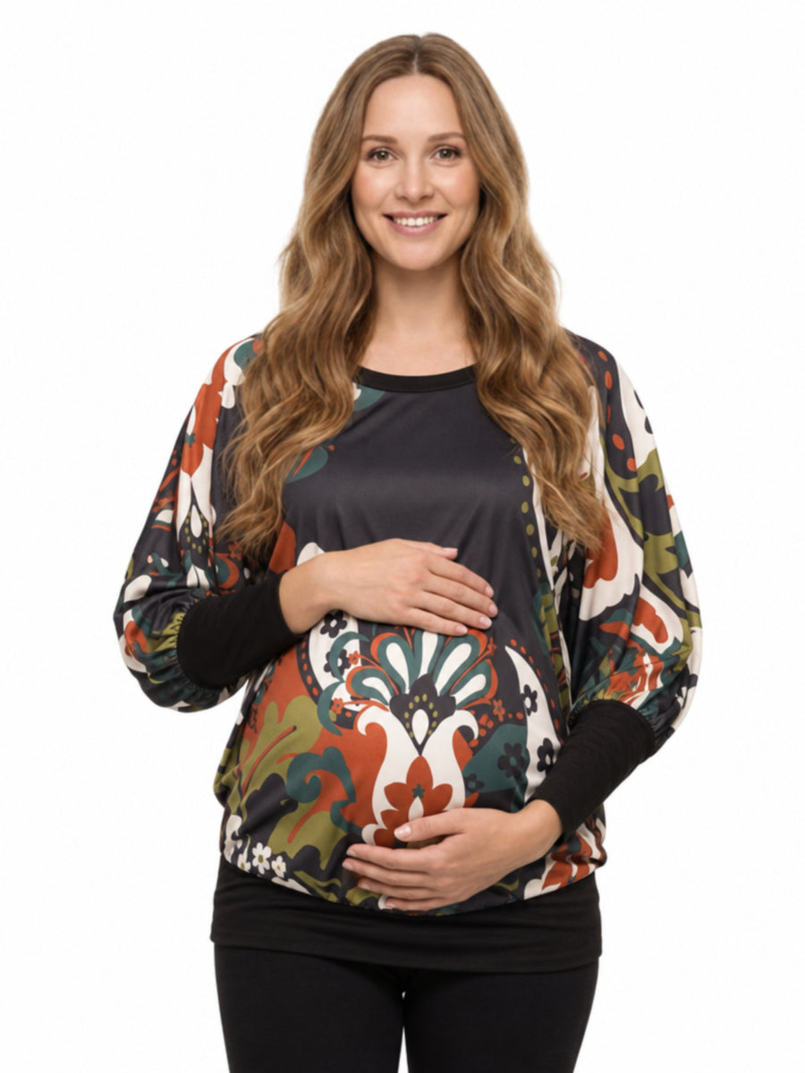 24seven Comfort Essential Maternity Black Paisley Print Boat Neck Dolman Sleeve Banded Top