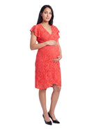 24seven Comfort Elevate Maternity Lace V Neck Flutter Sleeve Faux Wrap Midi Dress