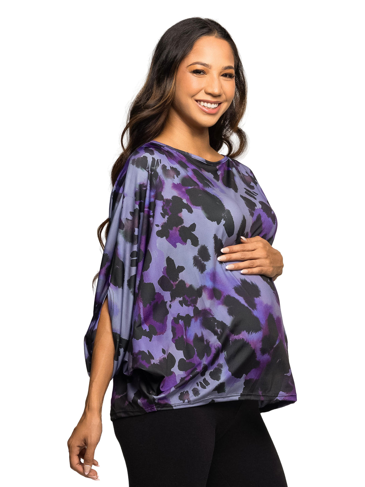 24seven Comfort Essential Maternity Purple Animal Print Boat Neck Batwing Sleeve Top
