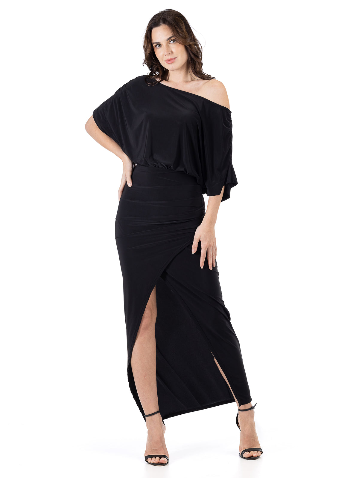 24seven Comfort Elevate Petite Off the Shoulder Draped Slit Maxi Dress