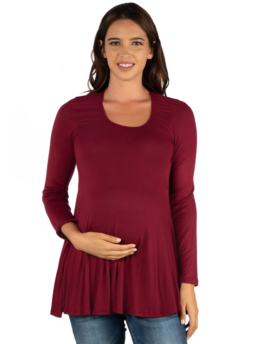 Basic Maternity Long Sleeve Scoop Neck Swing Soft Flare Tunic Top