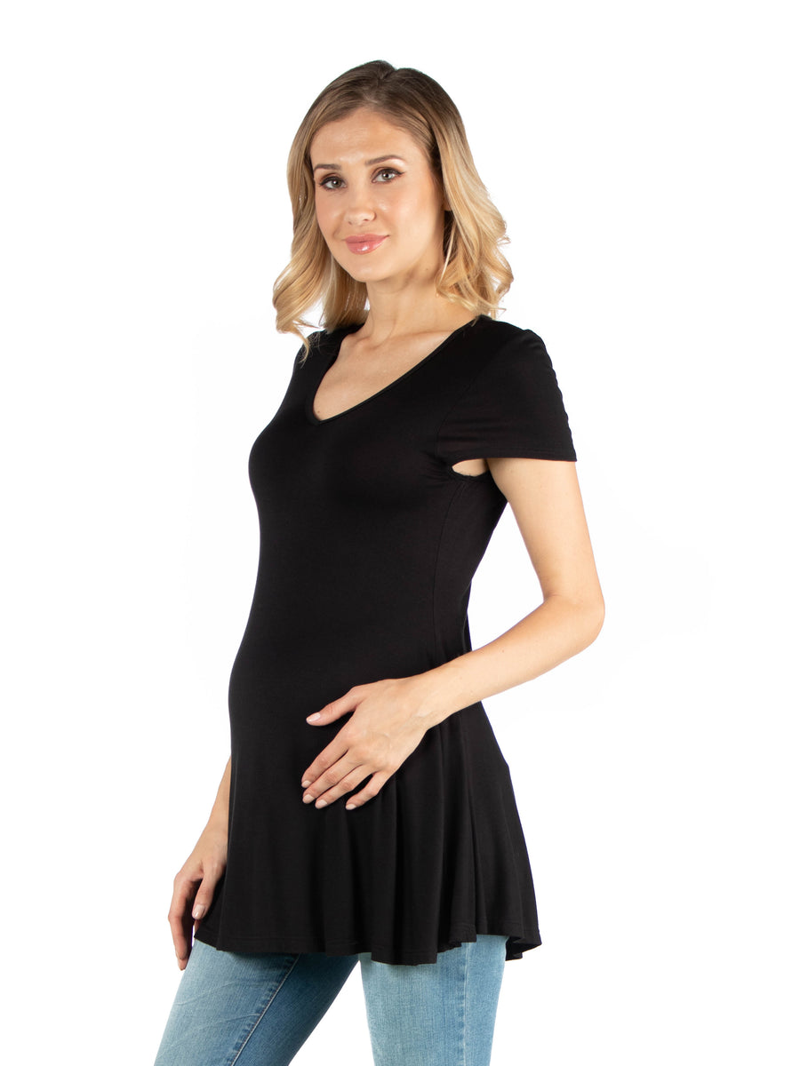 Basic Maternity V Neck Short Sleeve Swing Tunic Top