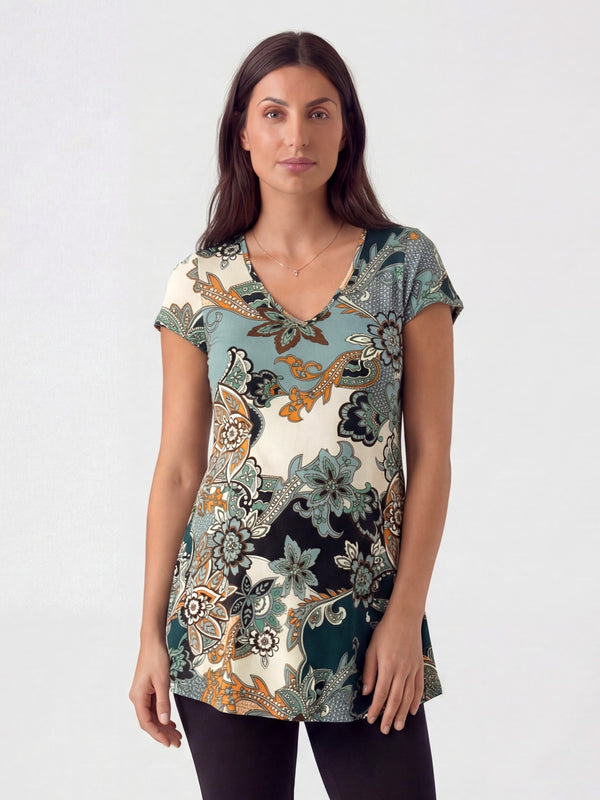 Essential Maternity Floral Print V Neck Short Sleeve Flared Tunic Top