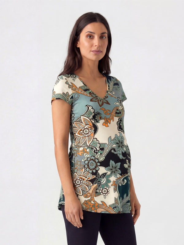 Essential Maternity Floral Print V Neck Short Sleeve Flared Tunic Top