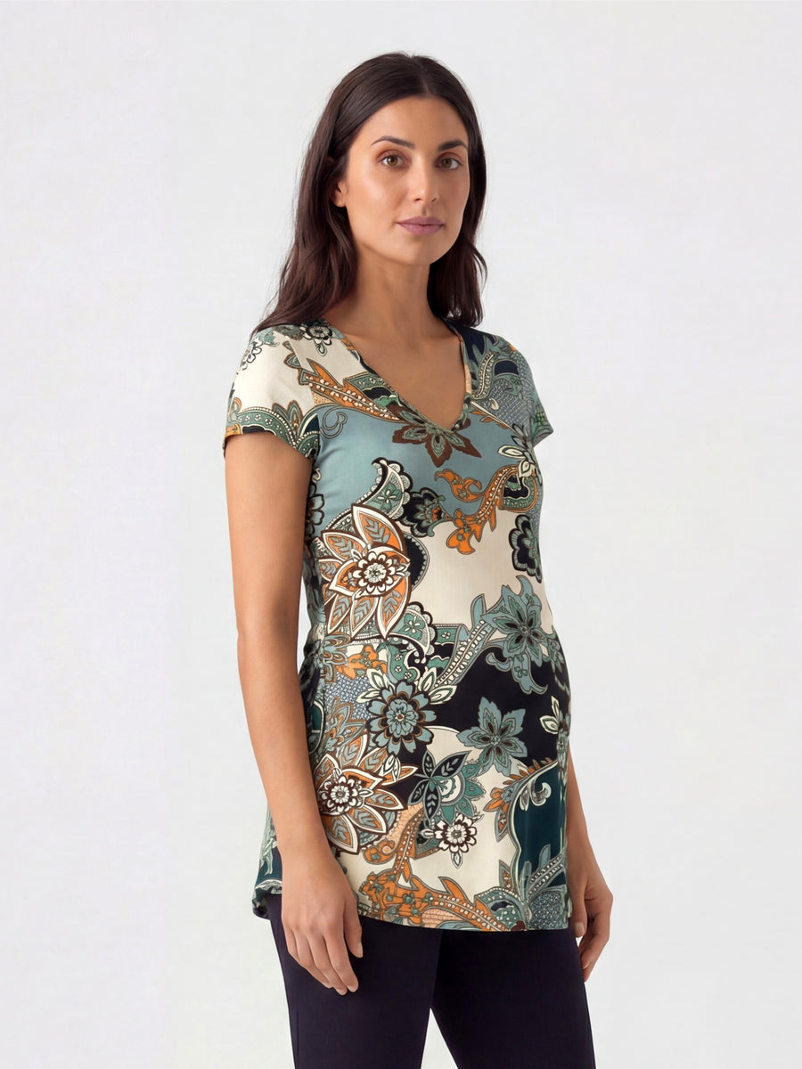 Essential Maternity Floral Print V Neck Short Sleeve Flared Tunic Top