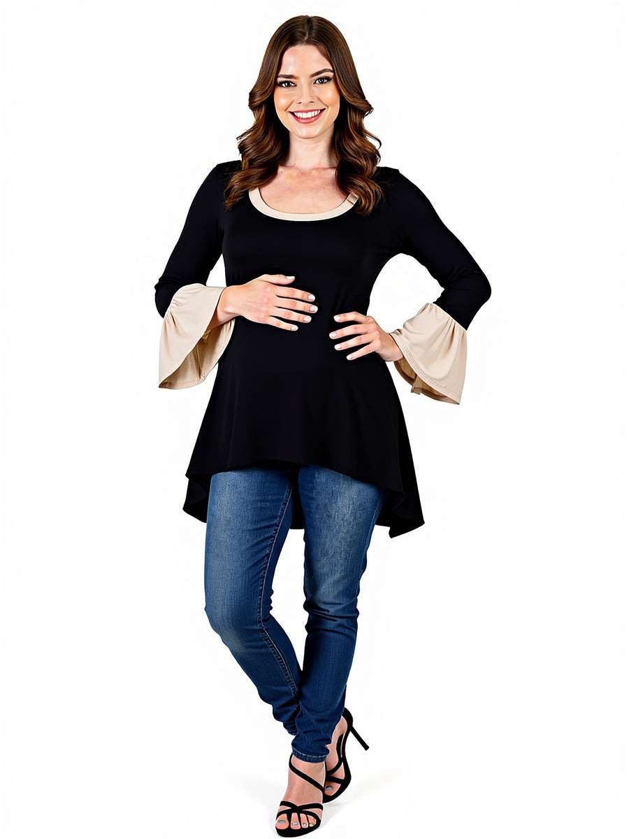 Essential Maternity Scoop Neck Bell Sleeve Hi Low Tunic Top