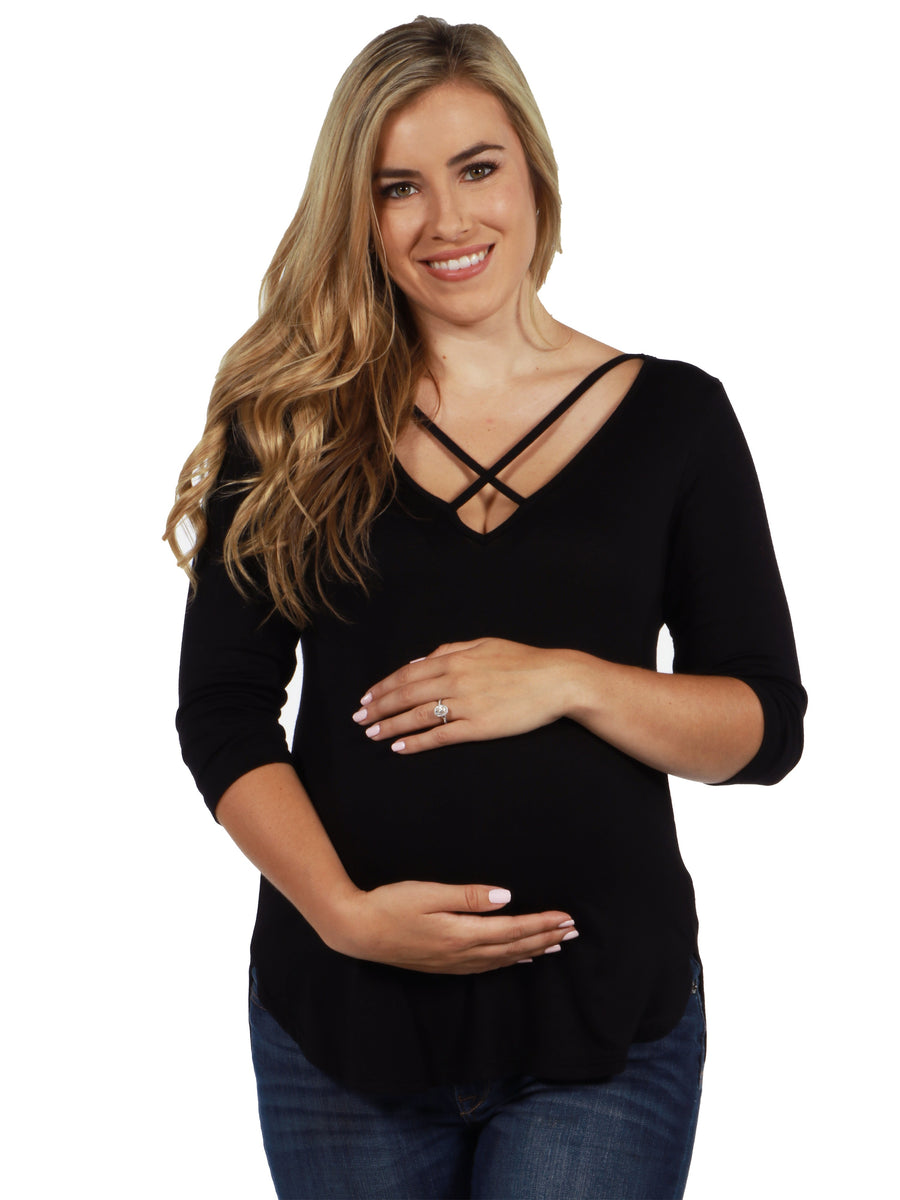 24seven Comfort Essential Maternity Criss Cross Neck Three Quarter Sleeve Round Hemline Tunic Top