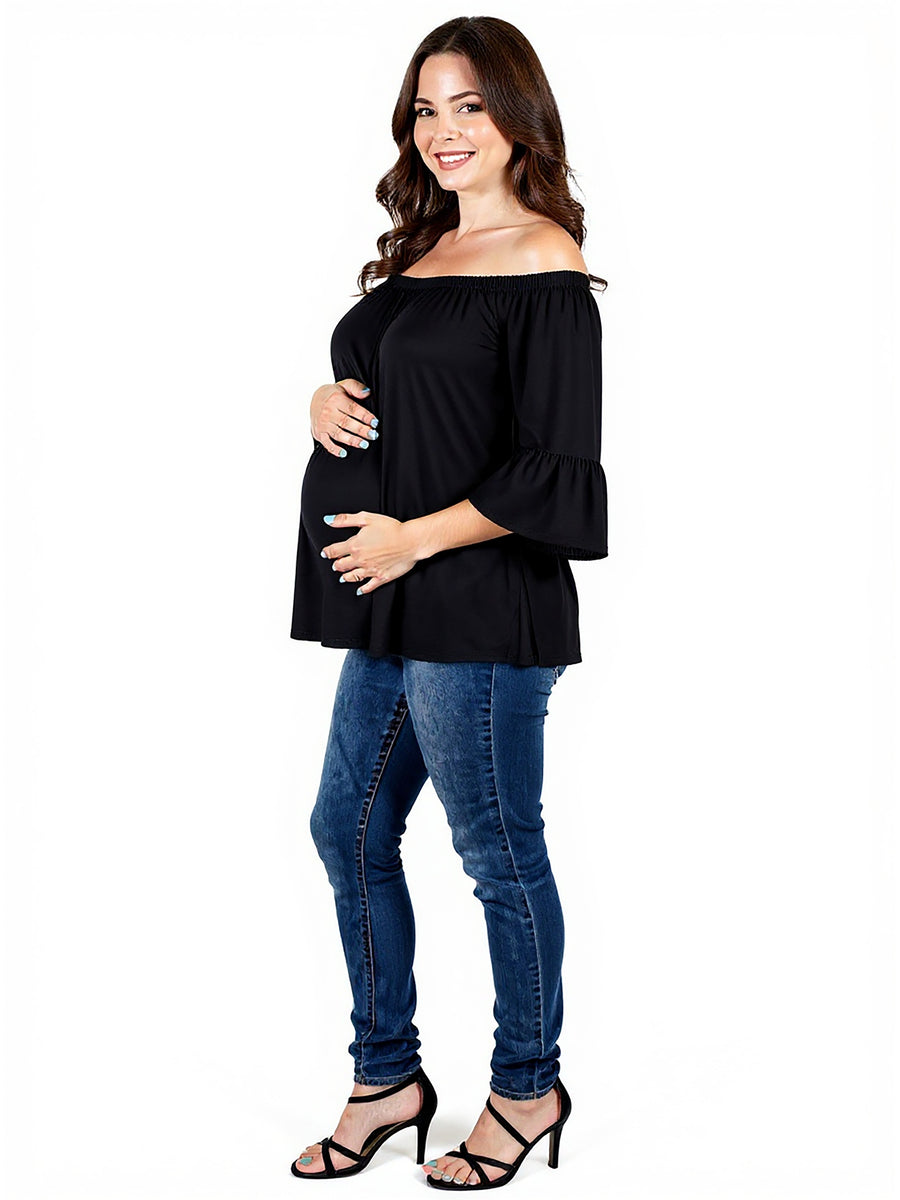 Essential Maternity Elastic Neckline Bell Sleeve Loose Fit Tunic Top