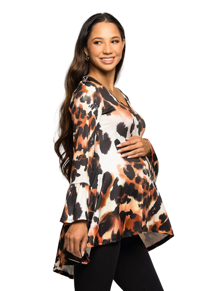 Essential Maternity Animal Scoop Neck Bell Sleeve High Low Tunic Top