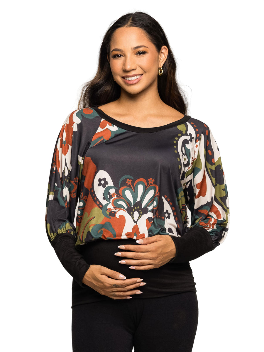 Essential Maternity Paisley Boat Neck Dolman Sleeve Banded Top