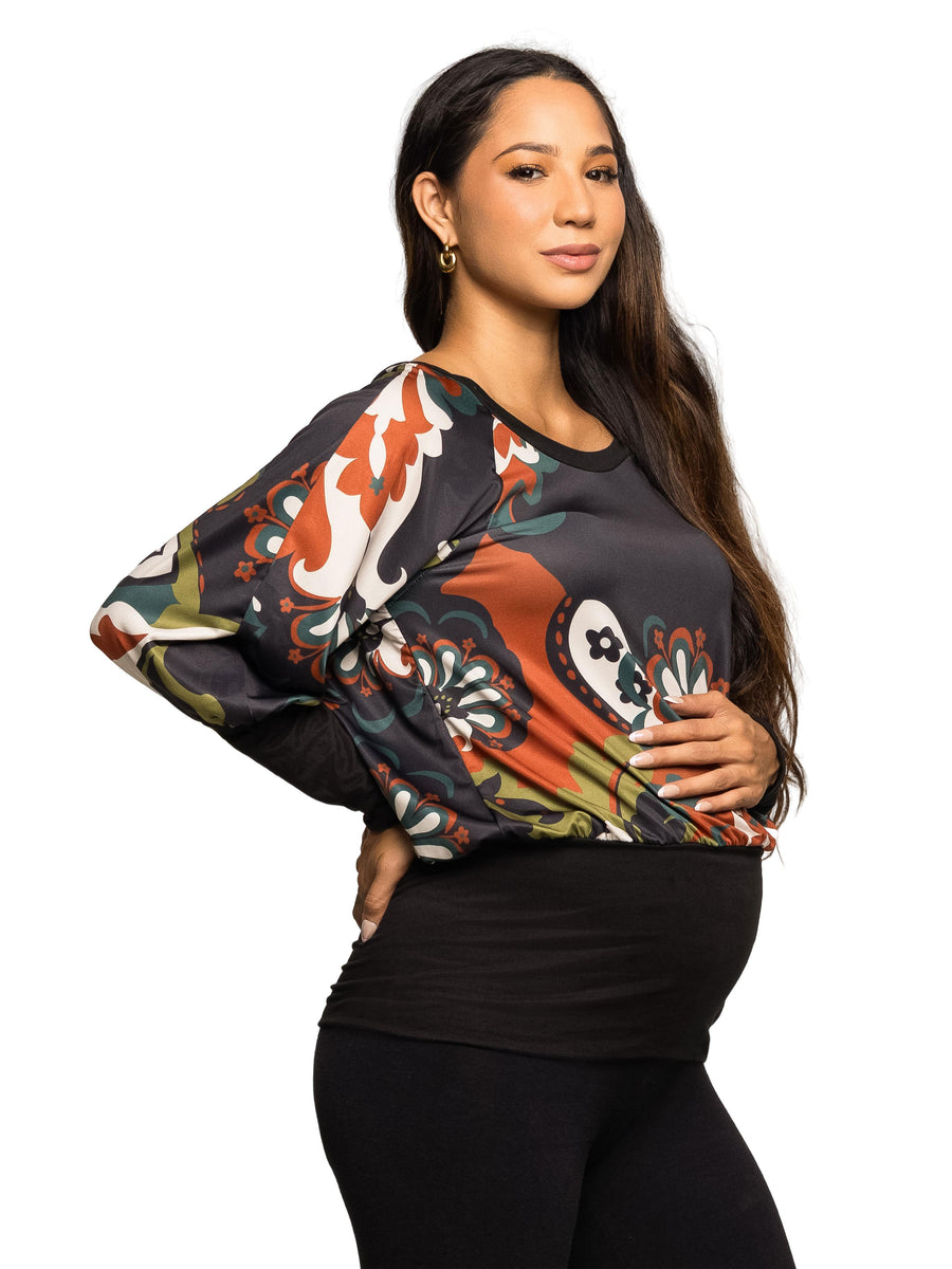 Essential Maternity Paisley Boat Neck Dolman Sleeve Banded Top