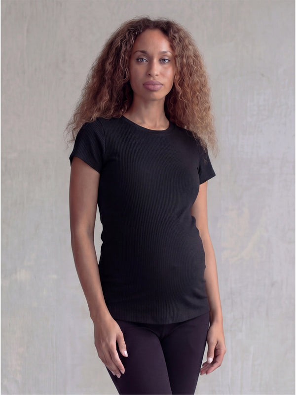 Basic Maternity Ribbed Knit Round Neck Short Sleeve Top
