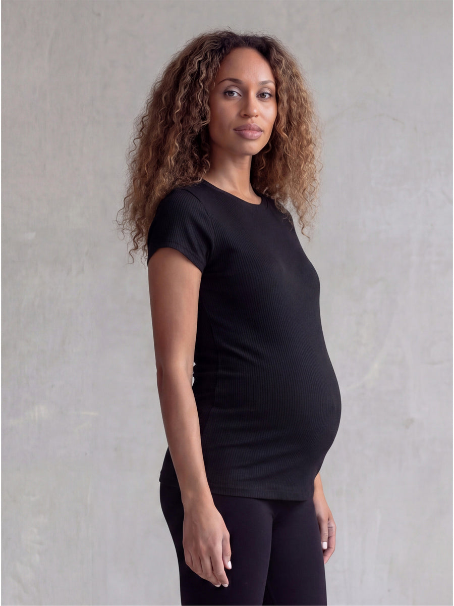 Basic Maternity Ribbed Knit Round Neck Short Sleeve Top