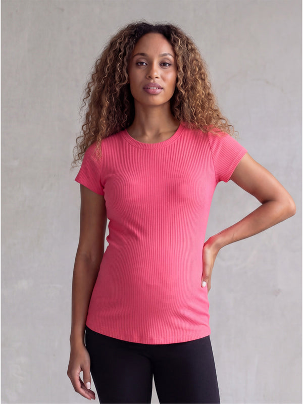 Basic Maternity Ribbed Knit Round Neck Short Sleeve Top