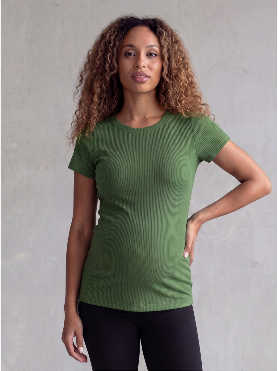 Basic Maternity Ribbed Knit Round Neck Short Sleeve Top