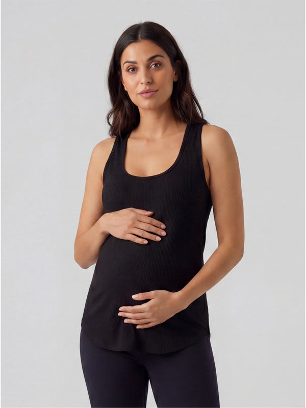 Basic Maternity Ribbed Knit Sleeveless Scoop Neck Long Flared Tank Top