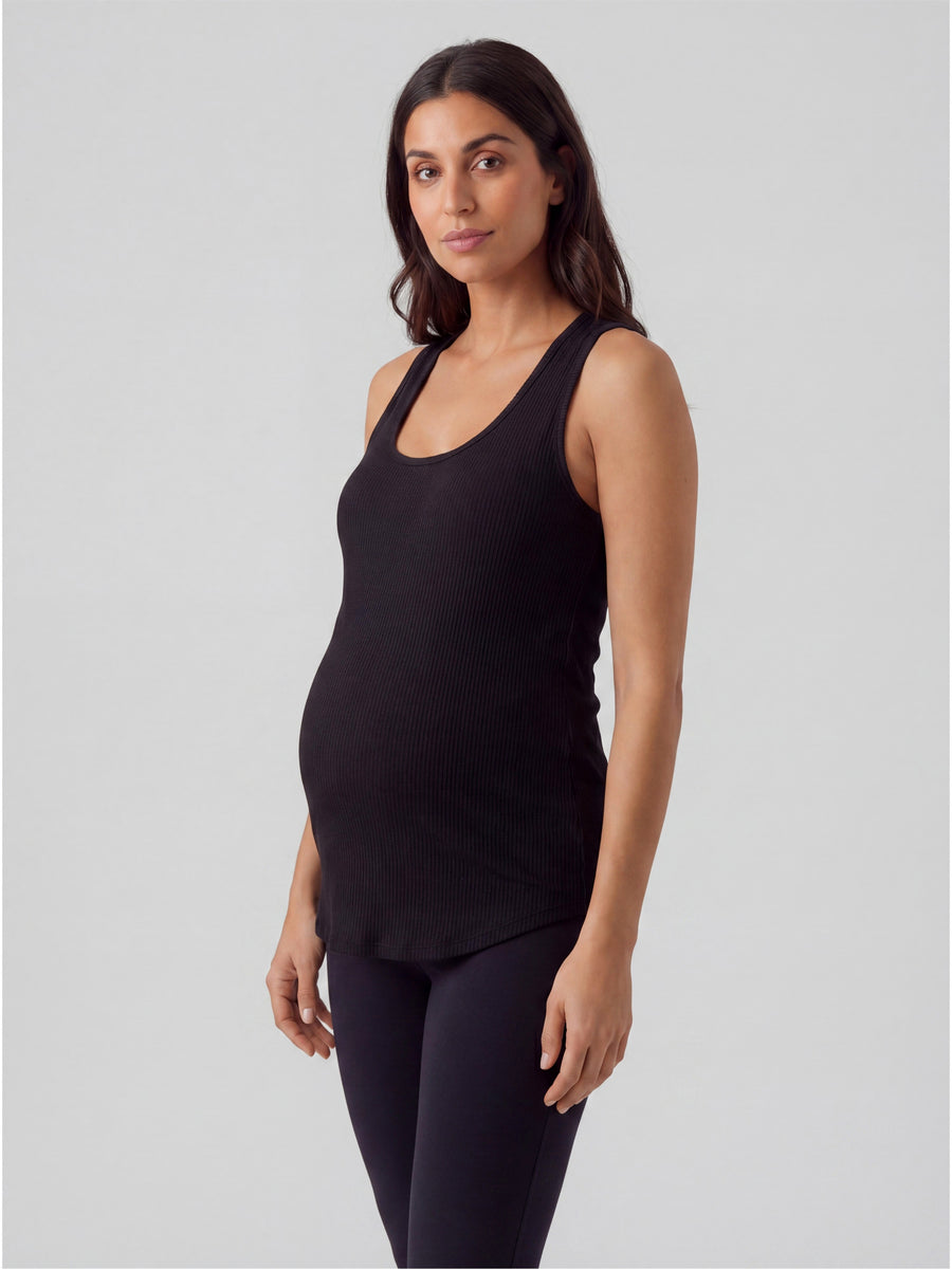 Basic Maternity Ribbed Knit Sleeveless Scoop Neck Long Flared Tank Top