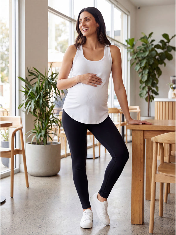 Basic Maternity Ribbed Knit Sleeveless Scoop Neck Long Flared Tank Top