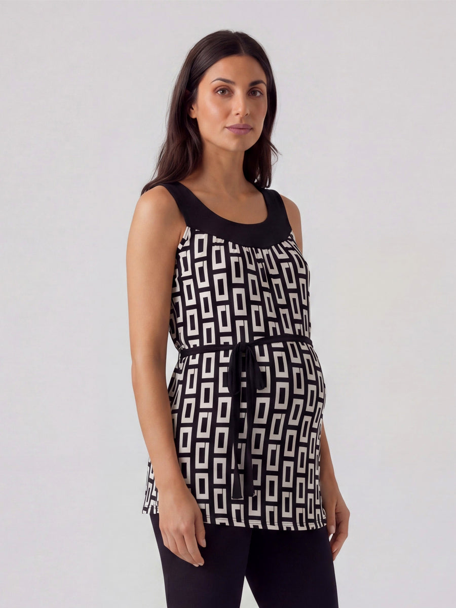 Essential Maternity Geometric Print Round Neck Sleeveless Waist Tie Top
