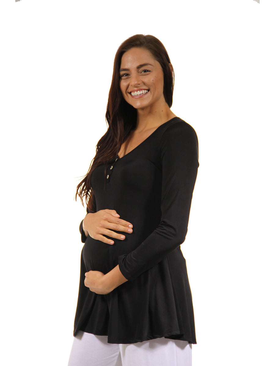 Basic Maternity V Neck Long Sleeve Soft Flare Henley Style Tunic Top