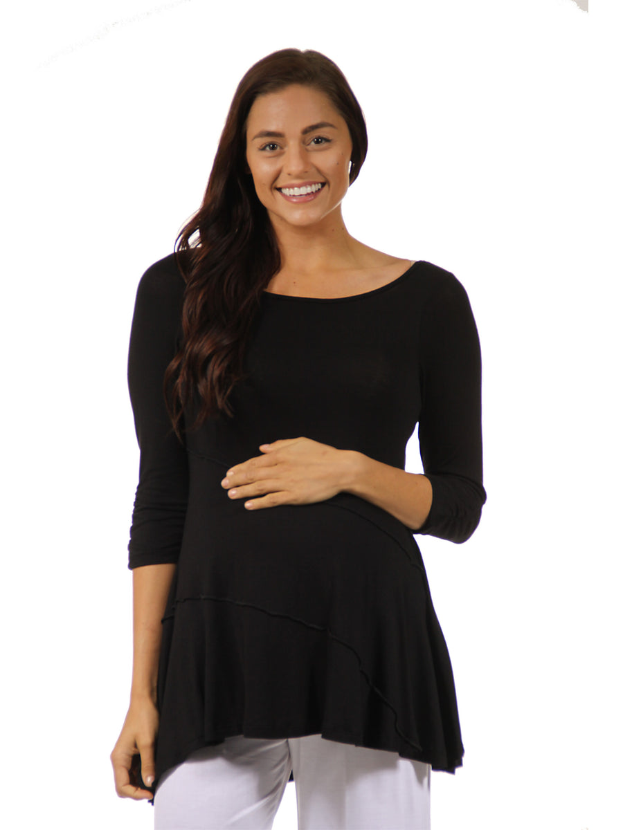 Essential Maternity Boat Neck Ruched Three Quarter Sleeve Swing Tunic Top