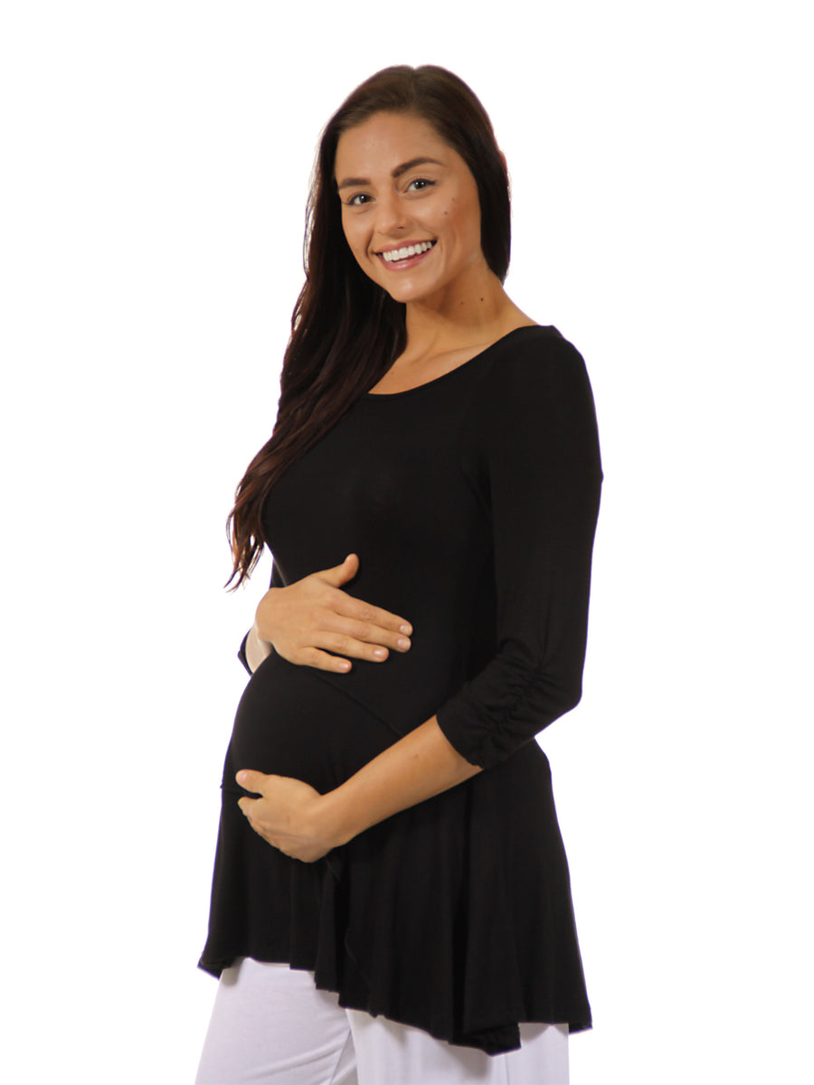 Essential Maternity Boat Neck Ruched Three Quarter Sleeve Swing Tunic Top