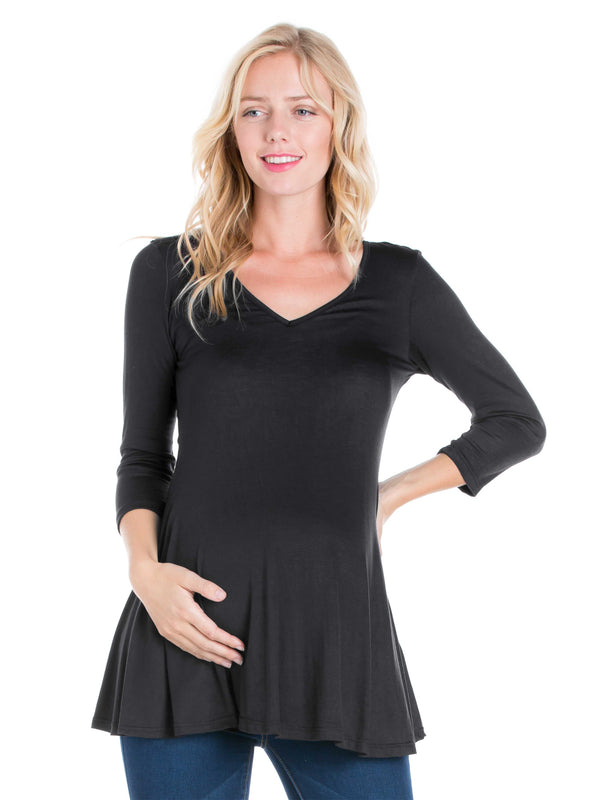 Basic Maternity Three Quarter Sleeve V Neck Swing Tunic Top