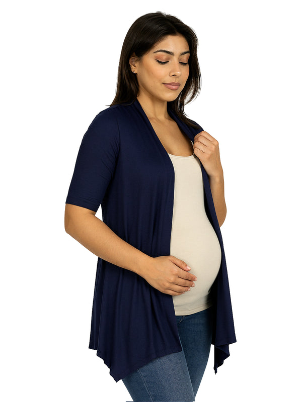 Basic Maternity Open Front Elbow Sleeve Cascading Loose Fit Jacket