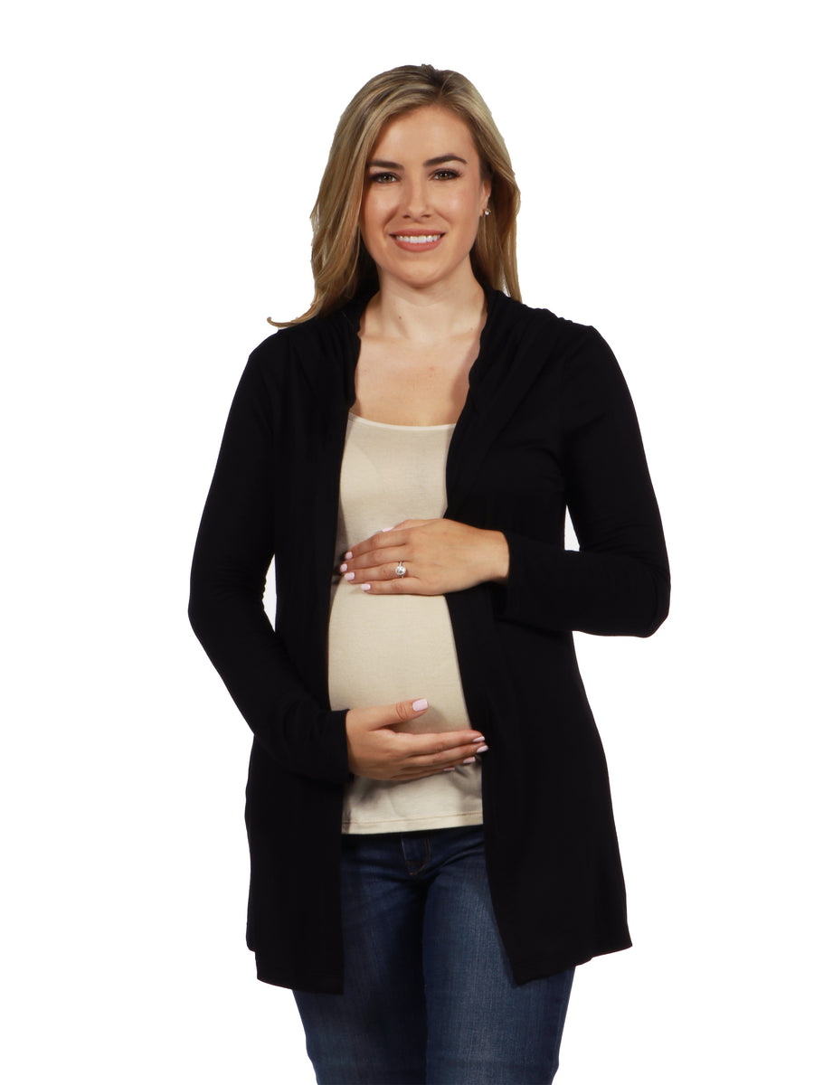 Basic Maternity Long Sleeve Open Front Side Pocket Hooded Jacket