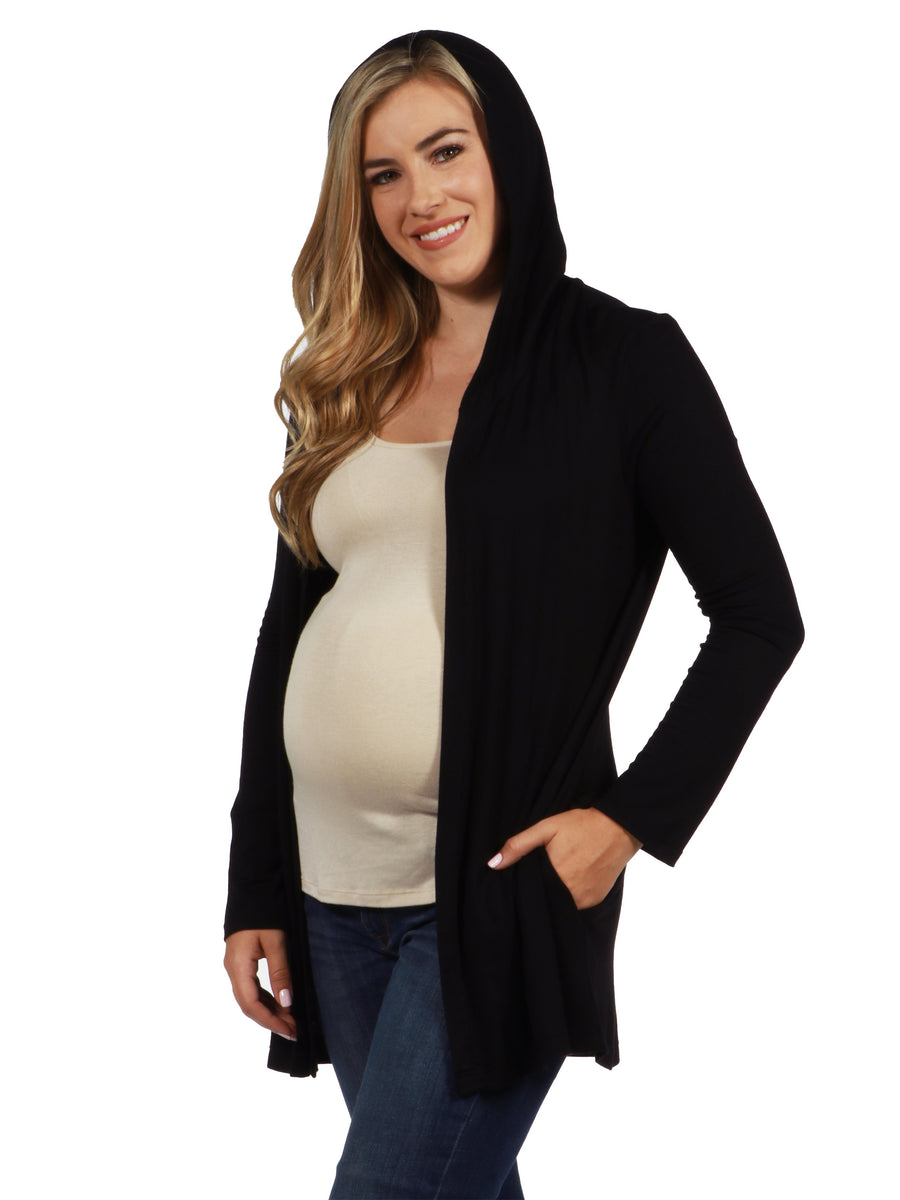 Basic Maternity Long Sleeve Open Front Side Pocket Hooded Jacket