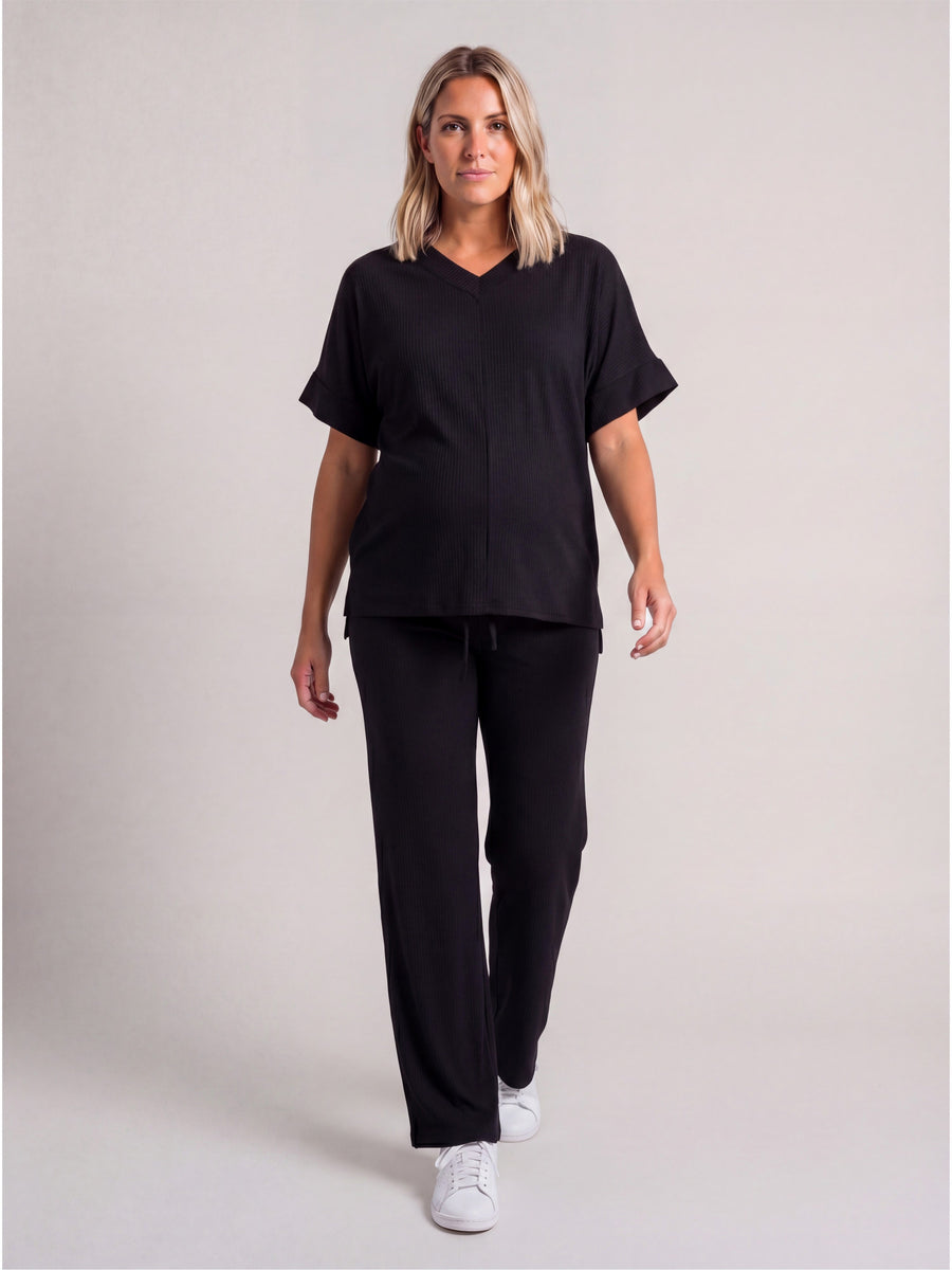 Basic Maternity Ribbed Knit Dolman Sleeve V Neck Top and Drawstring Wide Leg Pant Set