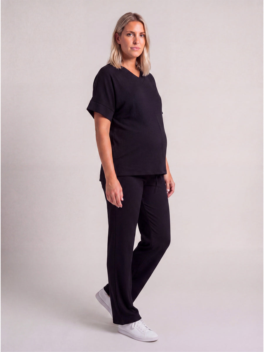Basic Maternity Ribbed Knit Dolman Sleeve V Neck Top and Drawstring Wide Leg Pant Set